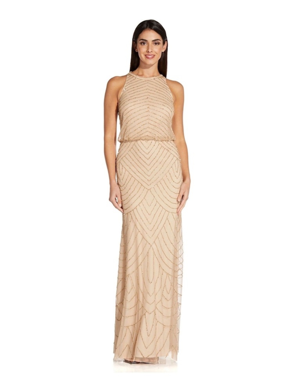 Adrianna Papell SZ 4 Champagne Gold Beaded Blouson Formal Gown NWT GALA MOB/MOG
